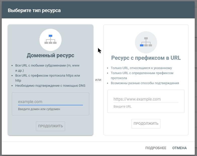 Google Search Console, окно «Выберите тип ресурса»: «Доменный ресурс» и «Ресурс с префиксом в URL»