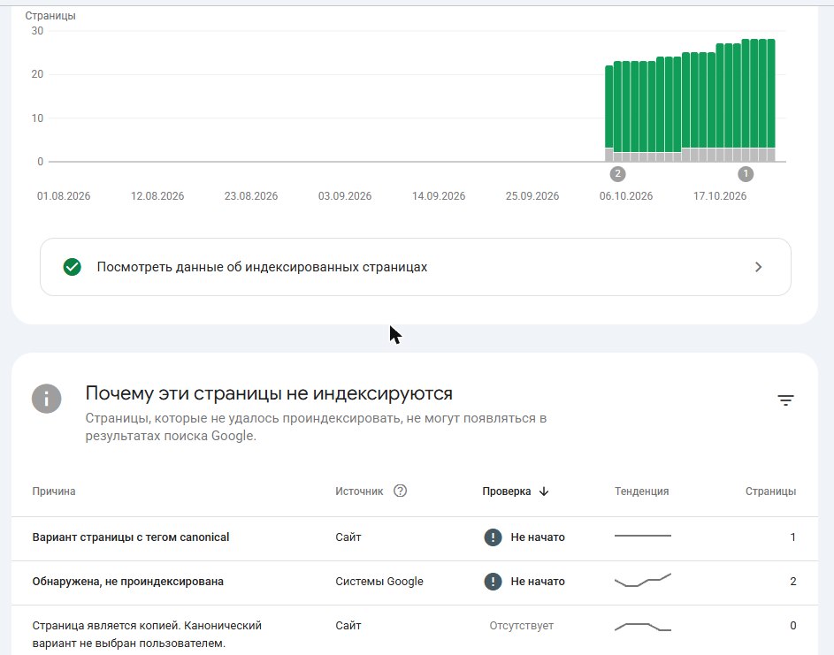 Google Search Console, «Индексирование страниц»: график числа проиндексированных страниц и таблица причин, по которым страницы не индексируются
